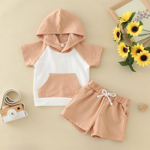 Baby Boy Hoodie Top+Shorts Casual Patchwork Hooded+Shorts 3-24M Short Sleeve T Shirt Shorts Cotton Newborn Summer Outfit Set