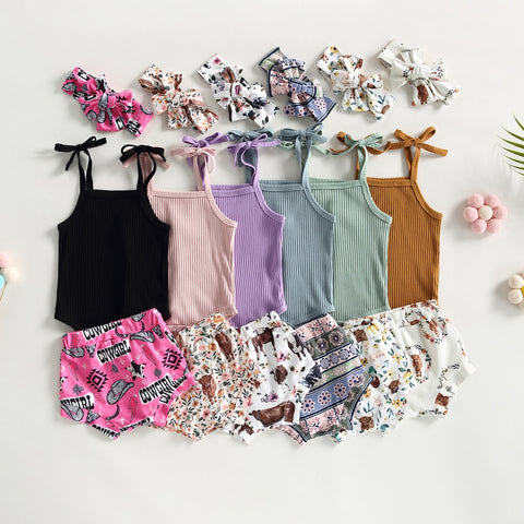 3pcs Sleeveless Knitted Jumpsuit Printed Shorts Headband  Summer Clothes Set 2023 Summer Baby Clothes Toddler Girl Baby Tops