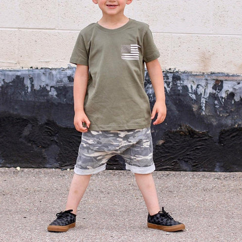 Baby Boys Short Sleeve Top+Shorts Drawstring Toddler Boy USA Flag T-Shirt+Camouflage Shorts Independence Day 2pcs Clothes Sets